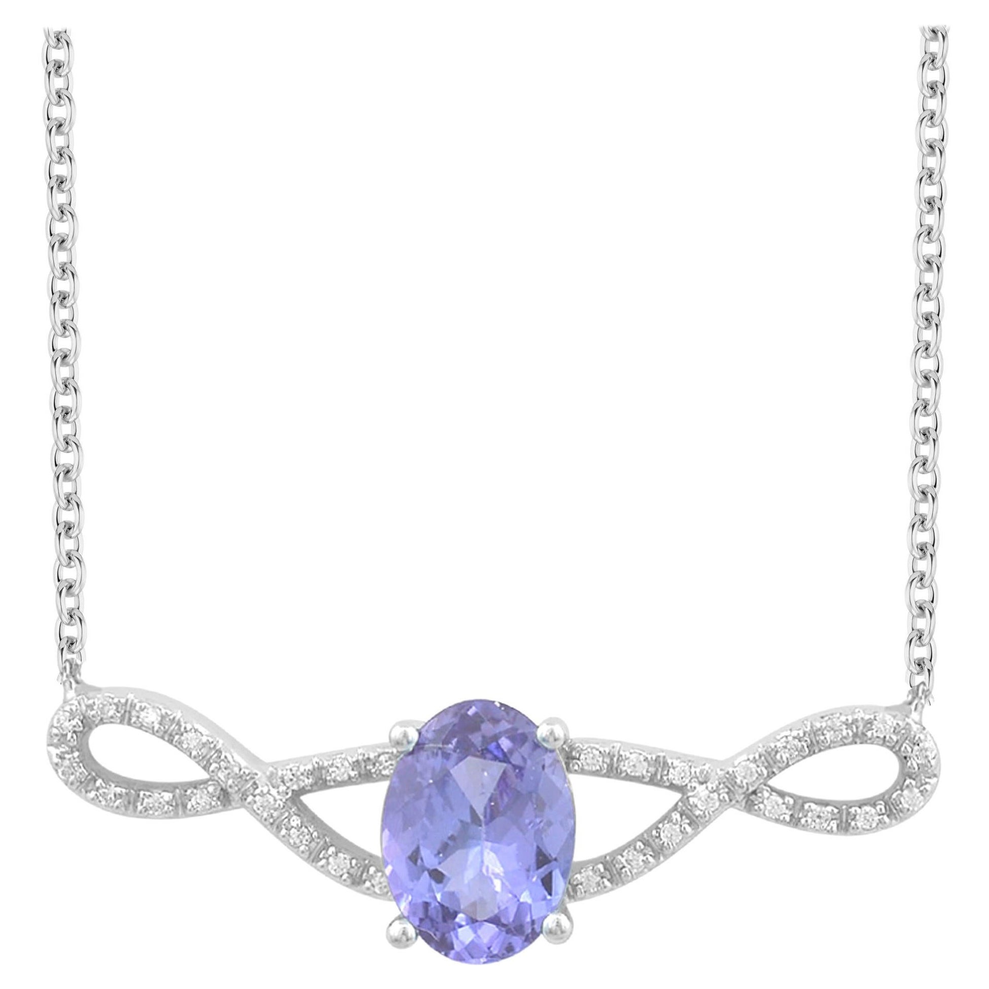 TJD 0.08 Carat Diamond and 8X6MM Oval Tanzanite 14K White Gold Infinity Necklace