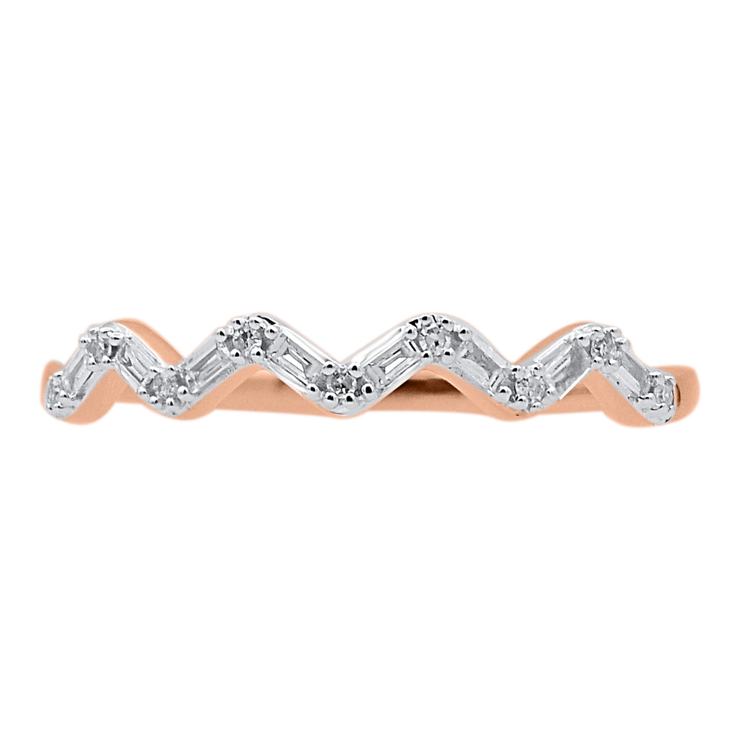 Contemporary TJD 0.08 Carat Natural Diamond Wave Anniversary Band Ring in 14 Karat Rose Gold For Sale