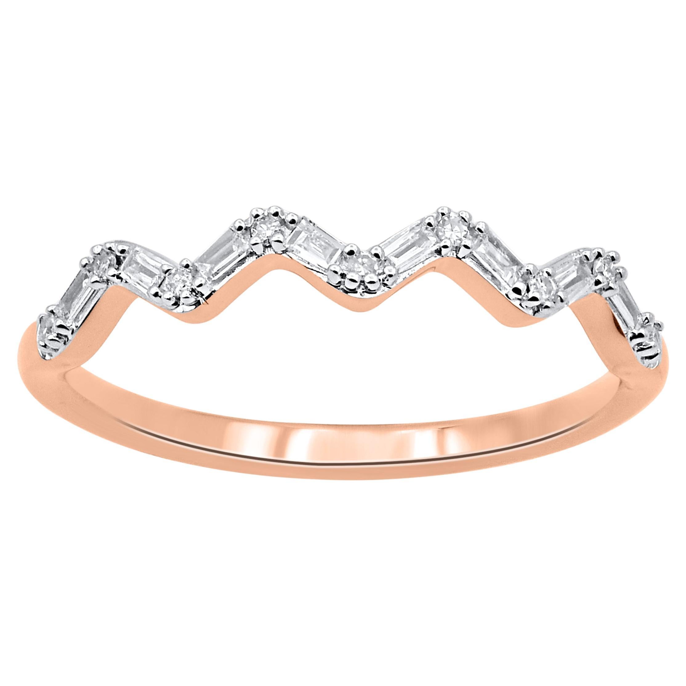 TJD - Bague d'anniversaire en or rose 14 carats avec diamant naturel de 0,08 carat en forme de vague en vente