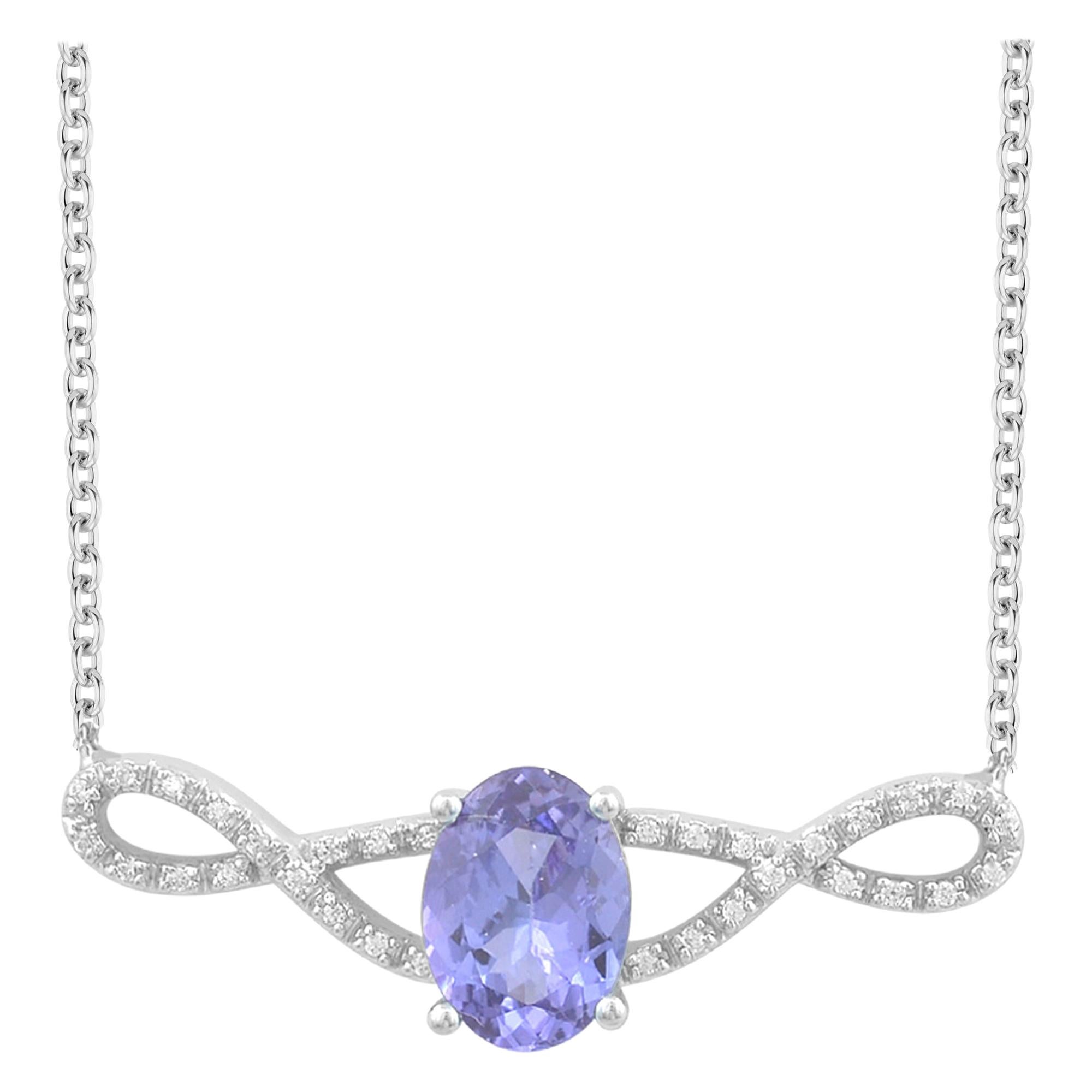 TJD 0.08 Carat Diamond and 8X6MM Oval Tanzanite 14K White Gold Infinity Necklace For Sale