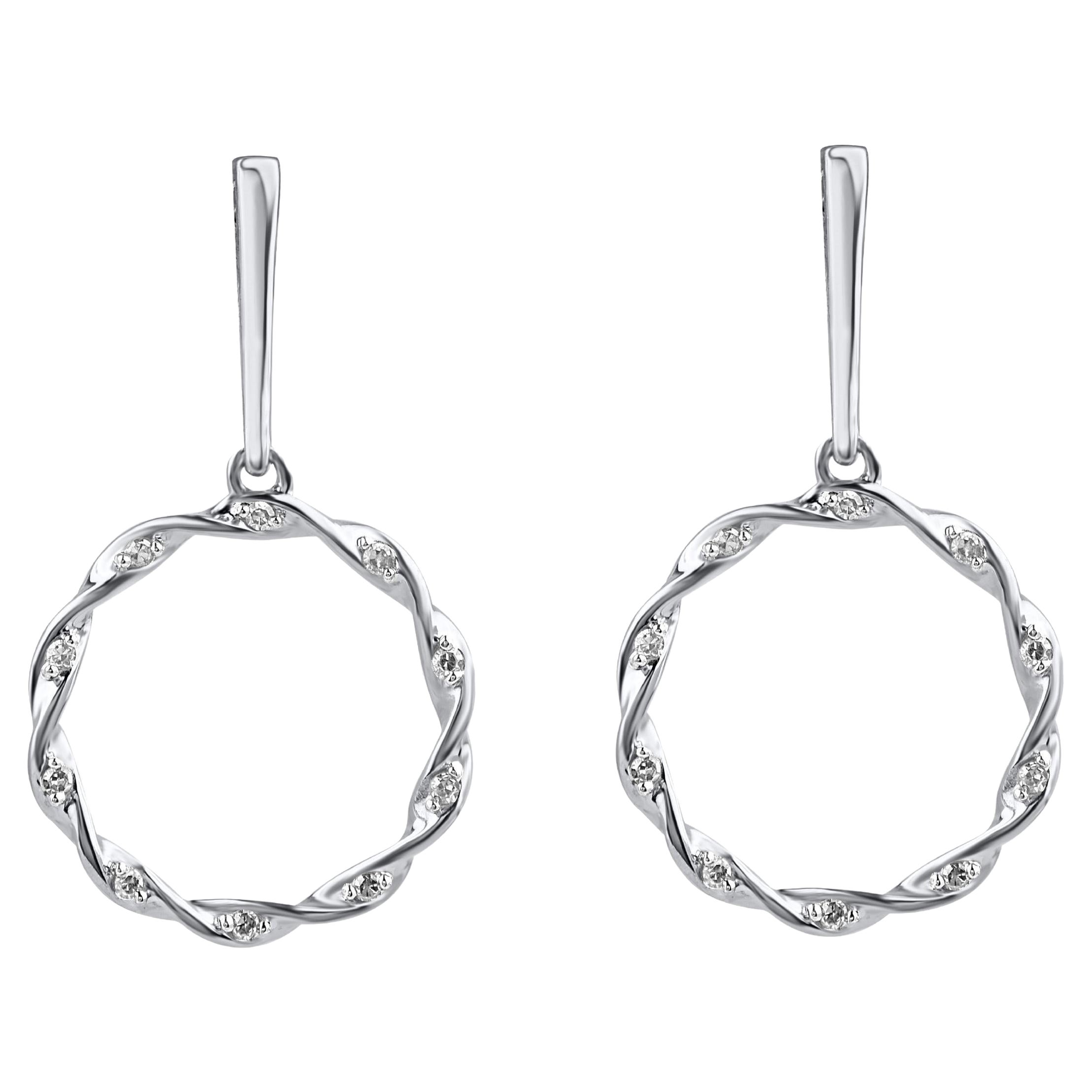 TJD 0.08 Carat Natural Round Diamond 14 Karat White Gold Circle Dangle Earrings