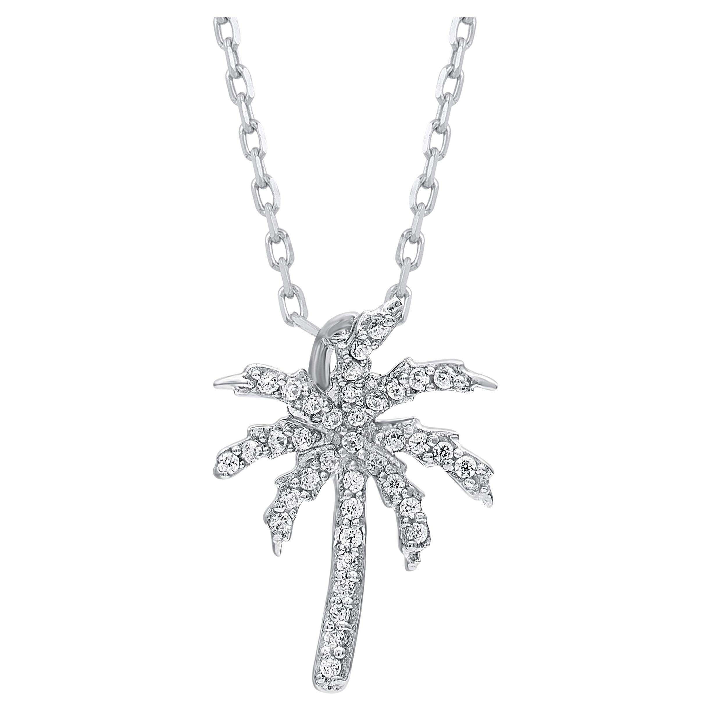TJD 0.08 Carat Natural Round Diamond 14KT White Gold Palm Tree Pendant Necklace For Sale