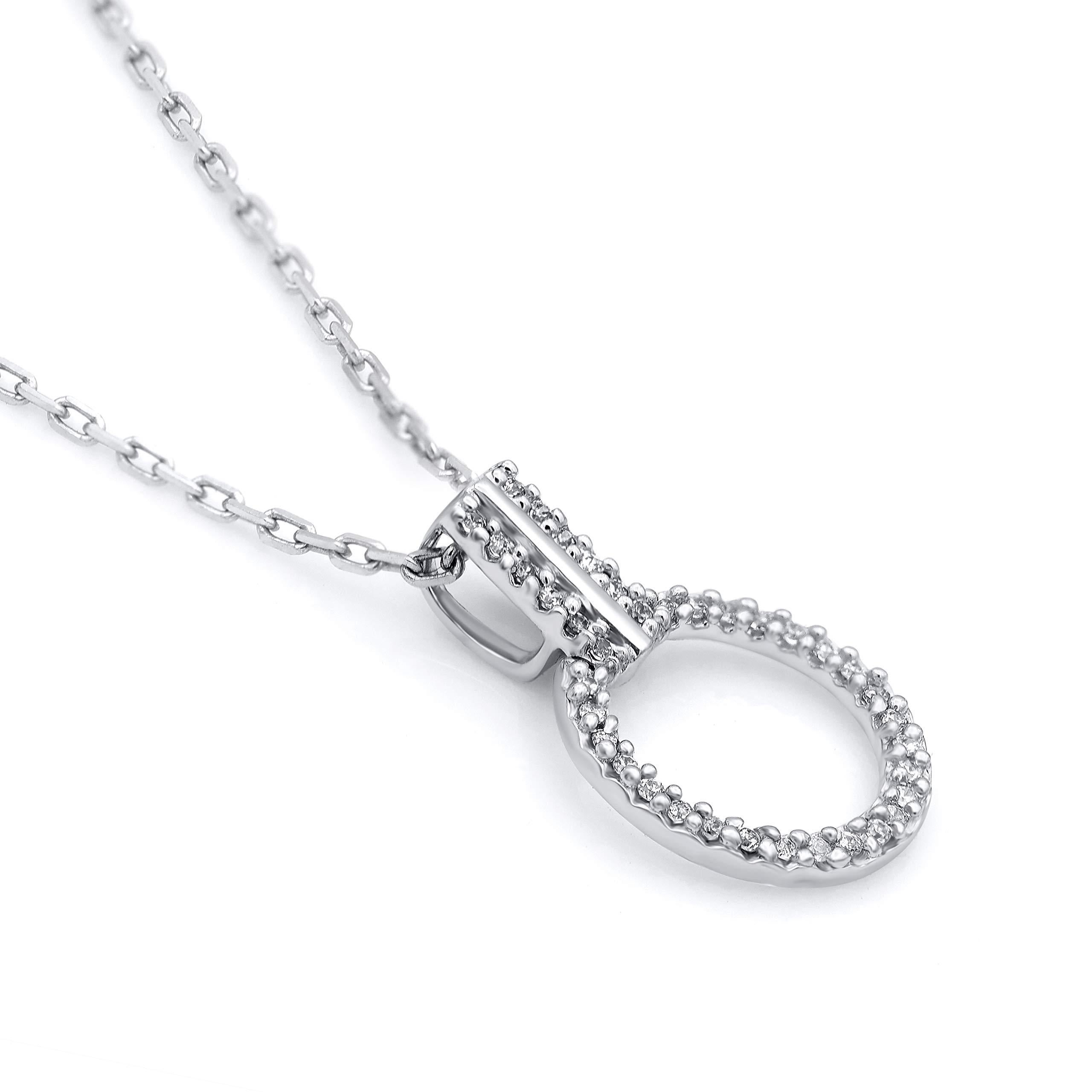 This diamond open circle eternity pendant fits any occasion with ease. These eternity pendants are studded with 37 single cut natural diamonds in prong setting and crafted in 14 karat white gold. Total diamond weight is 0.08 carat. Diamonds are