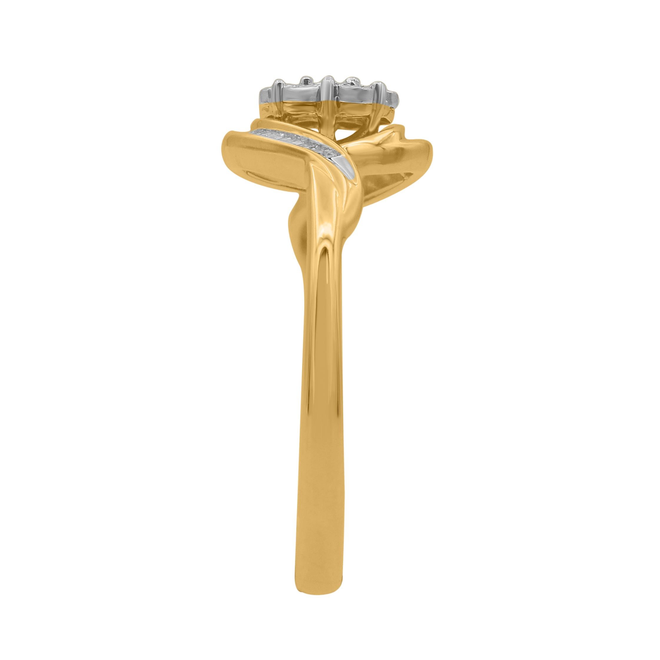 Moderno TJD 0,08 carati, diamante rotondo e baguette, anello bypass in oro giallo 14 carati in vendita