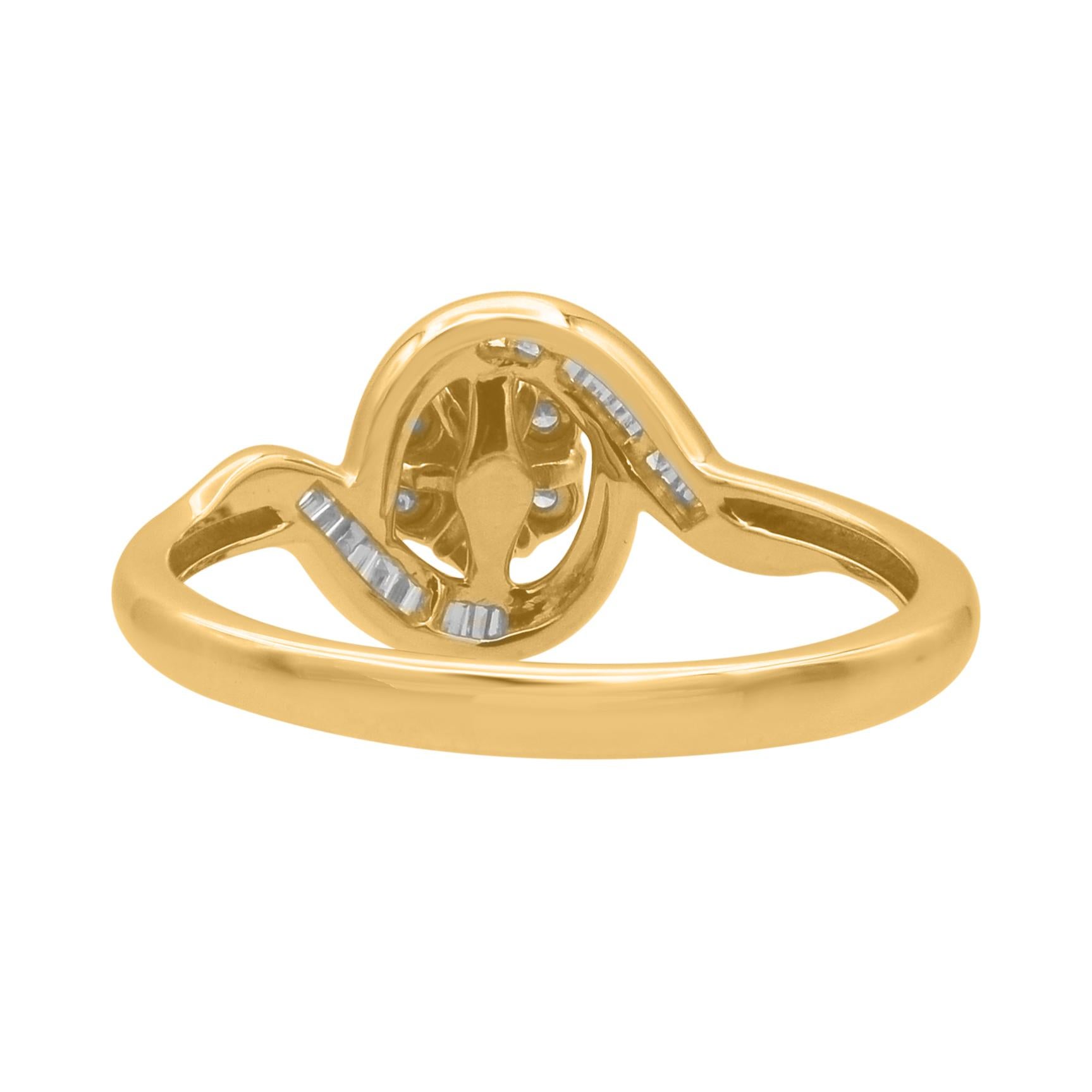 Taglio brillante TJD 0,08 carati, diamante rotondo e baguette, anello bypass in oro giallo 14 carati in vendita