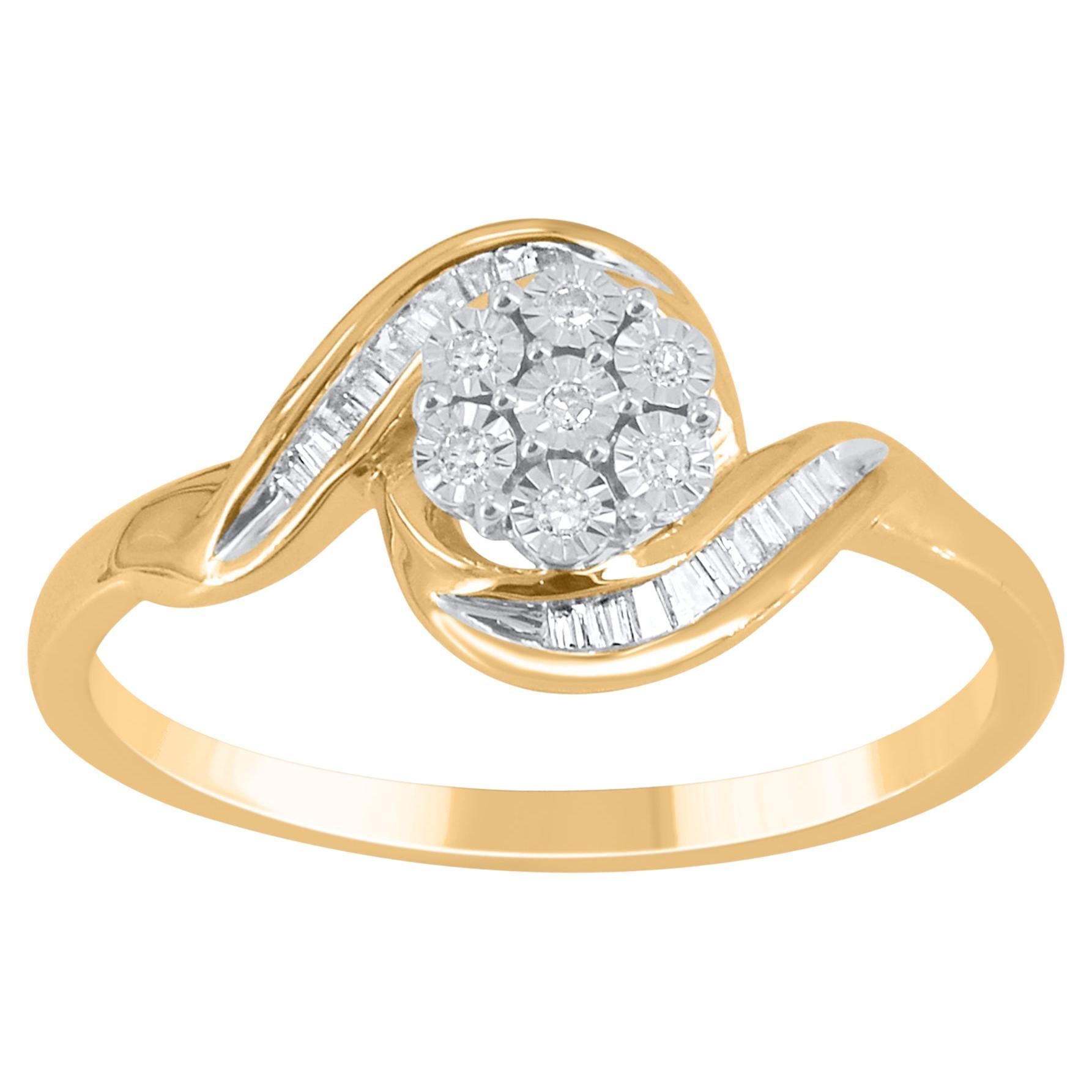 TJD 0.08 Carat Round & Baguette Diamond 14Karat Yellow Gold Bypass Fashion Ring For Sale