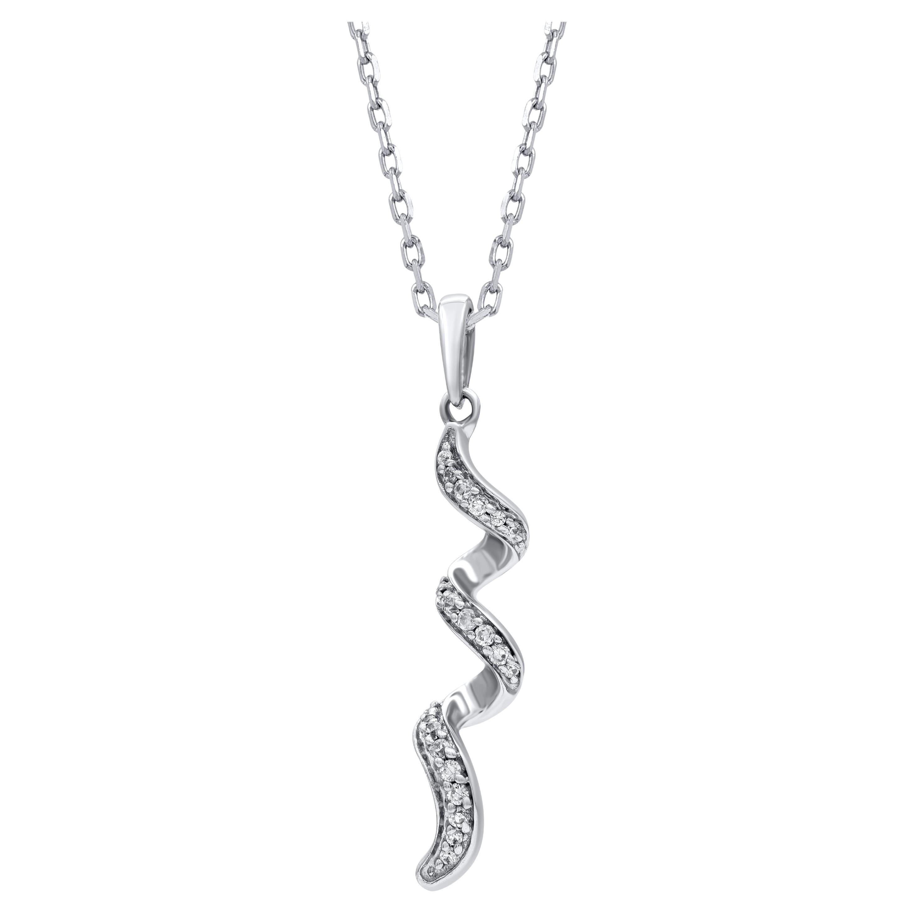 TJD 0.08 Carat Round Diamond 14 Karat White Gold Swirl Pendant with Chain For Sale