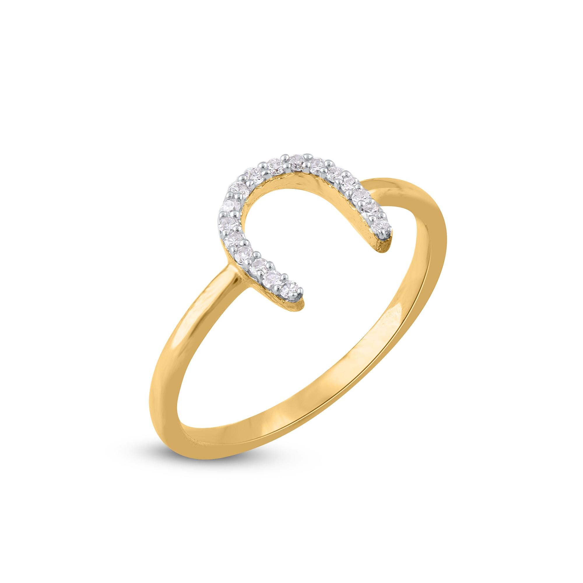 Modern TJD 0.08 Carat Round Diamond 14 Karat Yellow Gold Horseshoe Ring For Sale