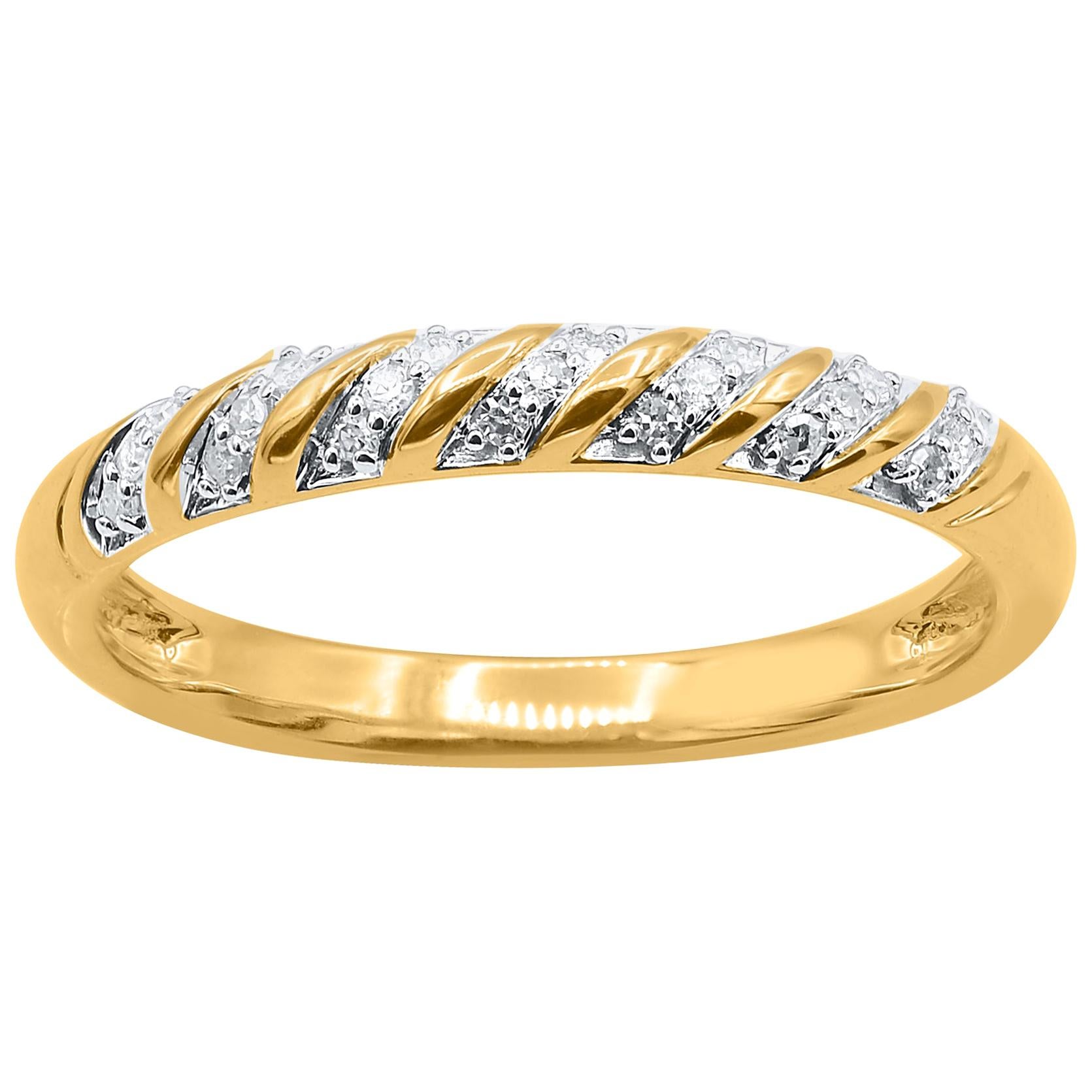 TJD 0.08 Carat Round Diamond 14 Karat Yellow Gold Oblique Style Engagement Band For Sale