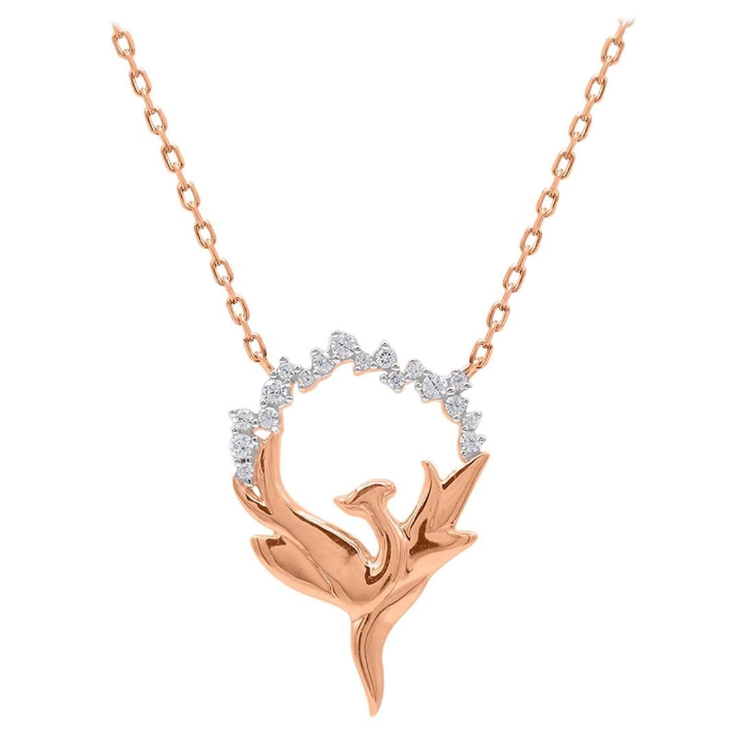 TJD 0.08 Carat Round Diamond 14K Rose Gold Flying Dragon Motif Designer Pendant