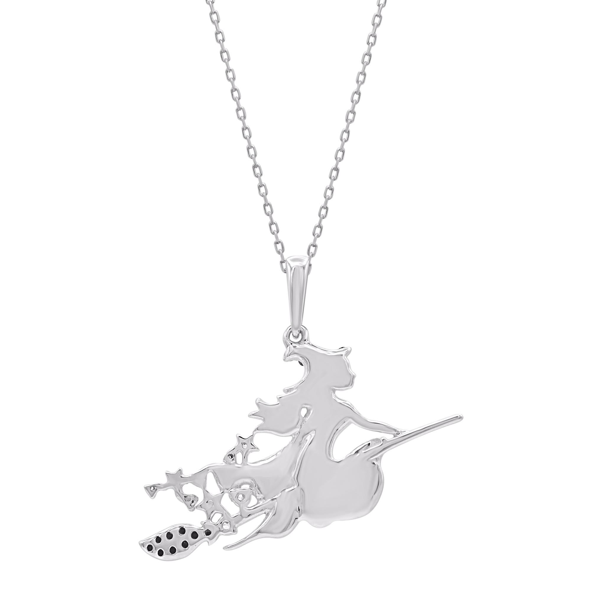Moderno TJD 0,08 carati di diamante bianco/nero in oro bianco 14K Ciondolo con strega su manico di scopa in vendita