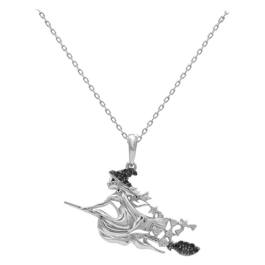 TJD 0.08 Carat White/Black Diamond 14K White Gold Witch on a Broomstick Pendant