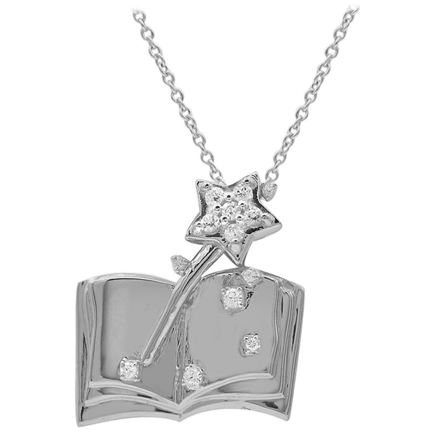 TJD 0.08 CT Round Diamond 14K White Gold Book with Magic Stick Fashion Pendant For Sale