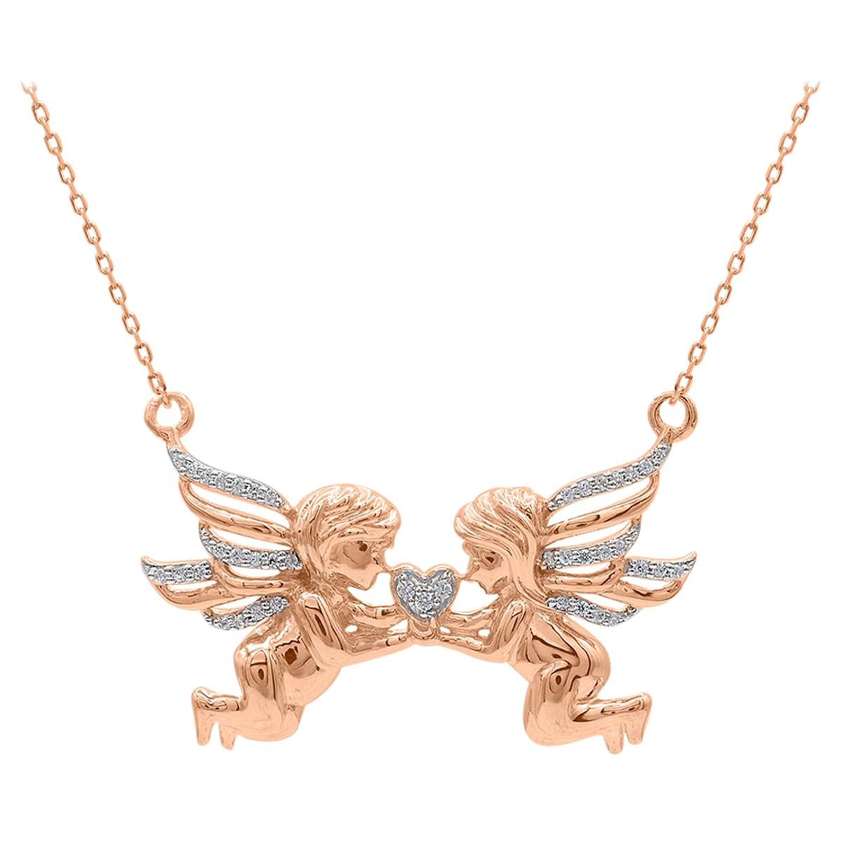 TJD 0.08Carat Round Diamond 14K Rose Gold Designer Two Cupid Angel Heart Pendant For Sale