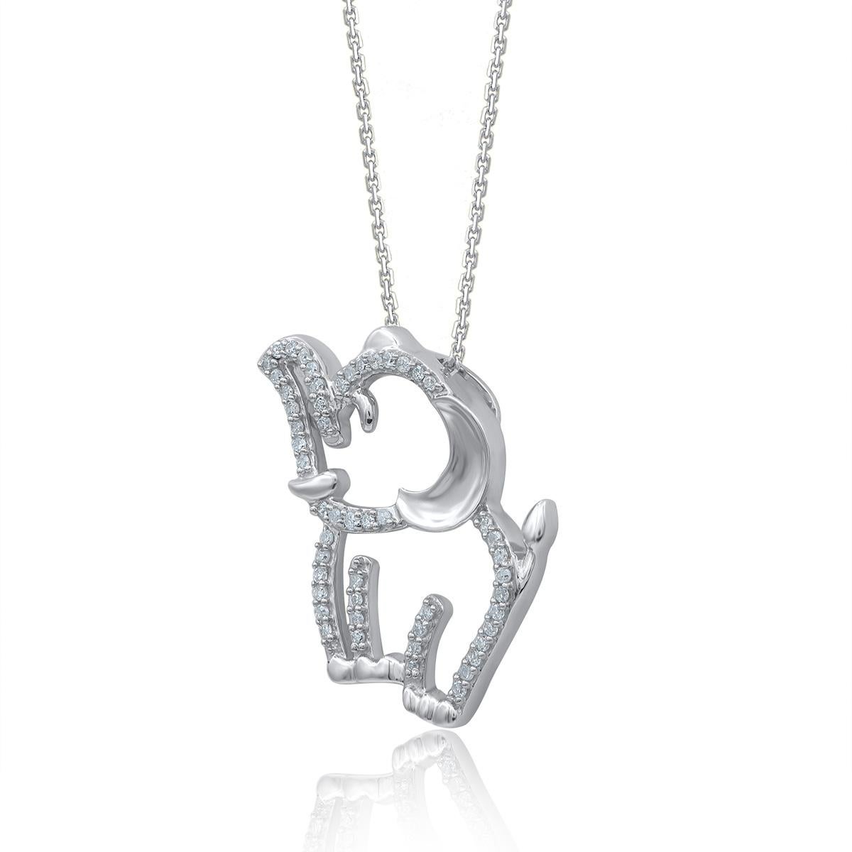 Designed to delight, this sparkling diamond elephant pendant is a whimsical choice. This pendant is crafted from 14-karat white gold and features 52 single cut diamonds set in pave setting. H-I color I2 clarity and a high polish finish complete the