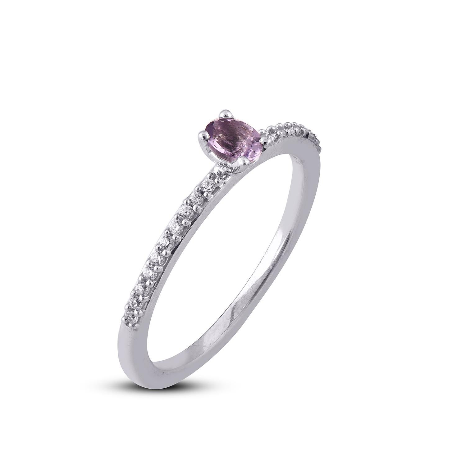 Bring charm to your look with this Oval cut Amethyst classic and modern ring with shimmering 20 white round diamond is crafted in 14 karat white Gold and shines with H-I Color, I2 Clarity… This gorgeous design ring complements your finger.
