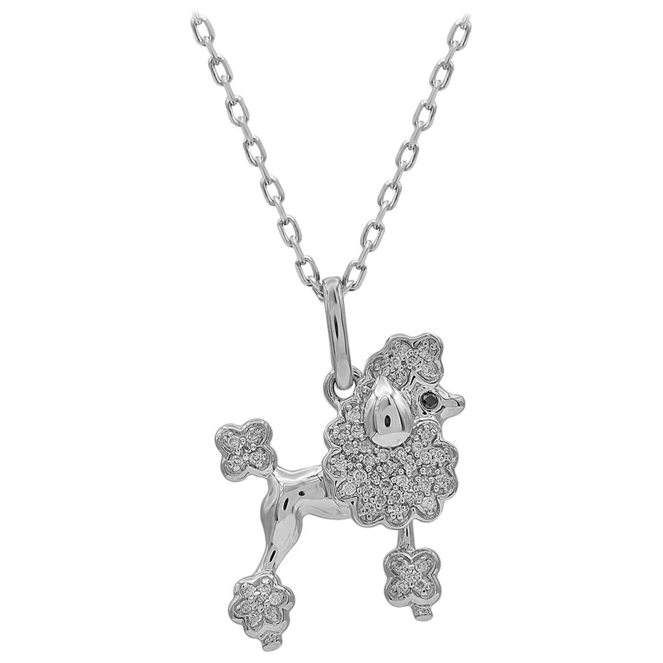 Pendentif chien coquelicot TJD en or blanc 14 carats avec diamants noirs et blancs de 0,10 carat