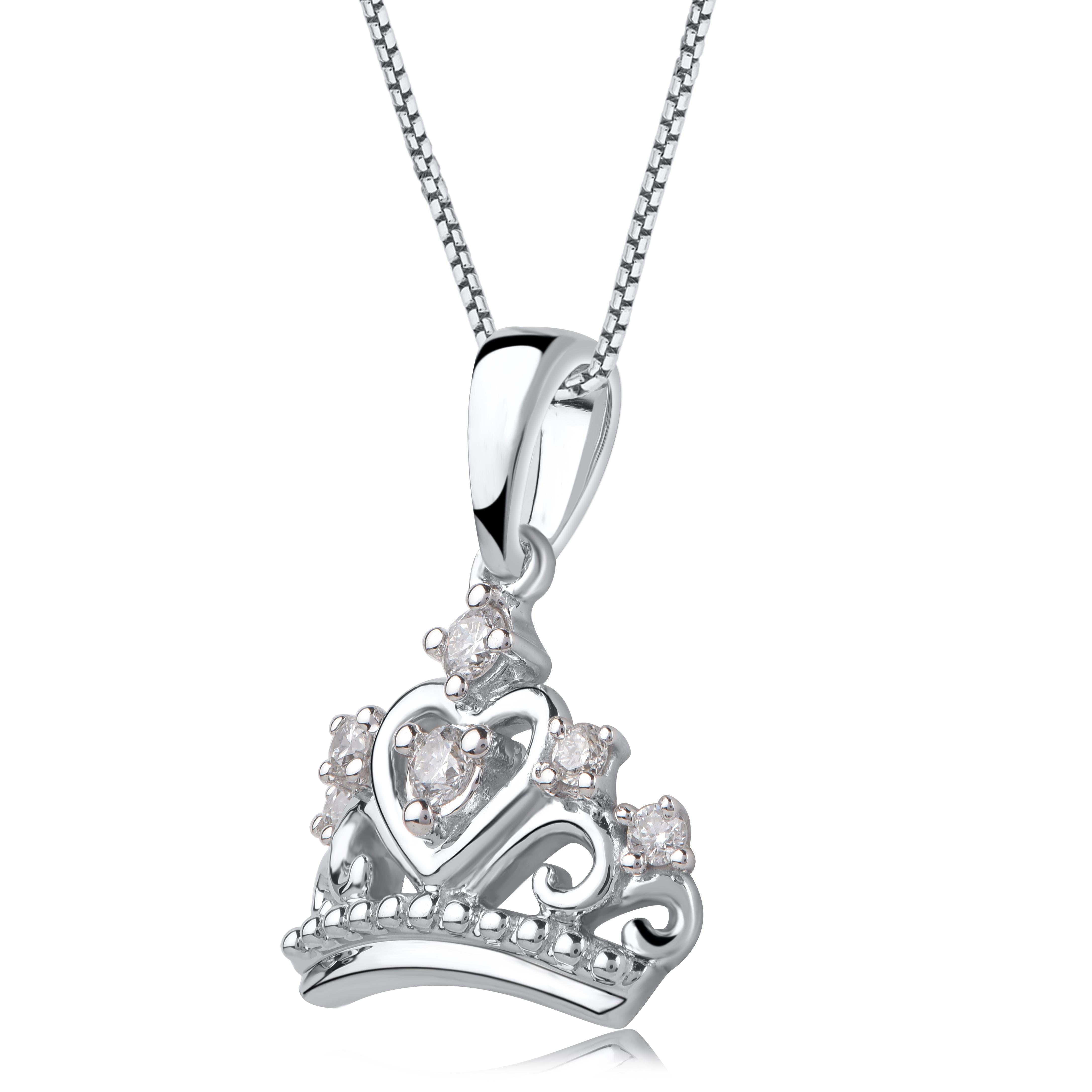 Treat her as the queen she is with this sparkling diamond crown pendant. The pendant is crafted from 14-karat White gold and features round brilliant cut 6 white diamonds, Prong set, H-I color I2 clarity and a high polish finish complete the