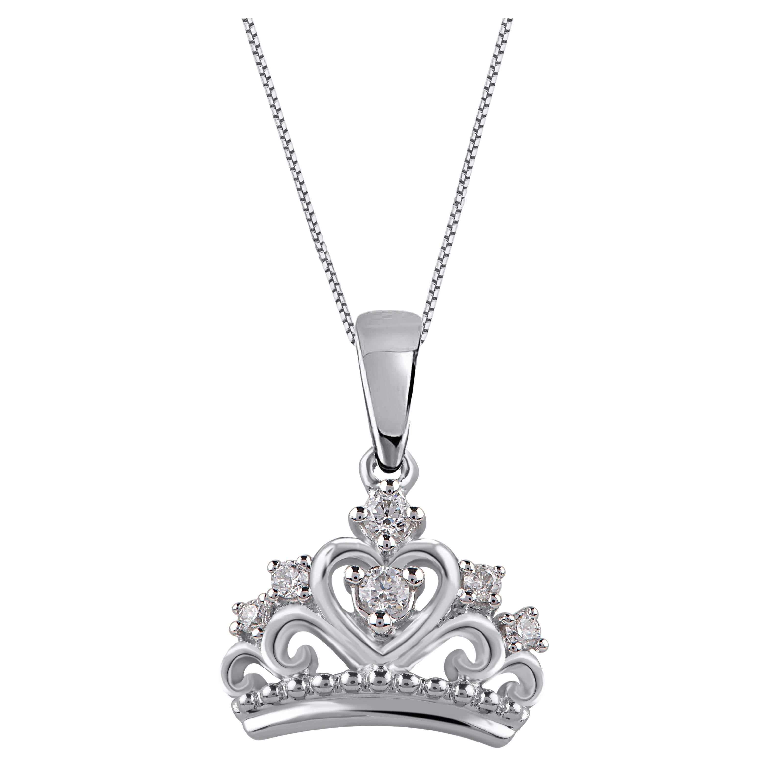 TJD 0.10 Carat Brilliant Cut Diamond 14 Karat White Gold Crown Pendant