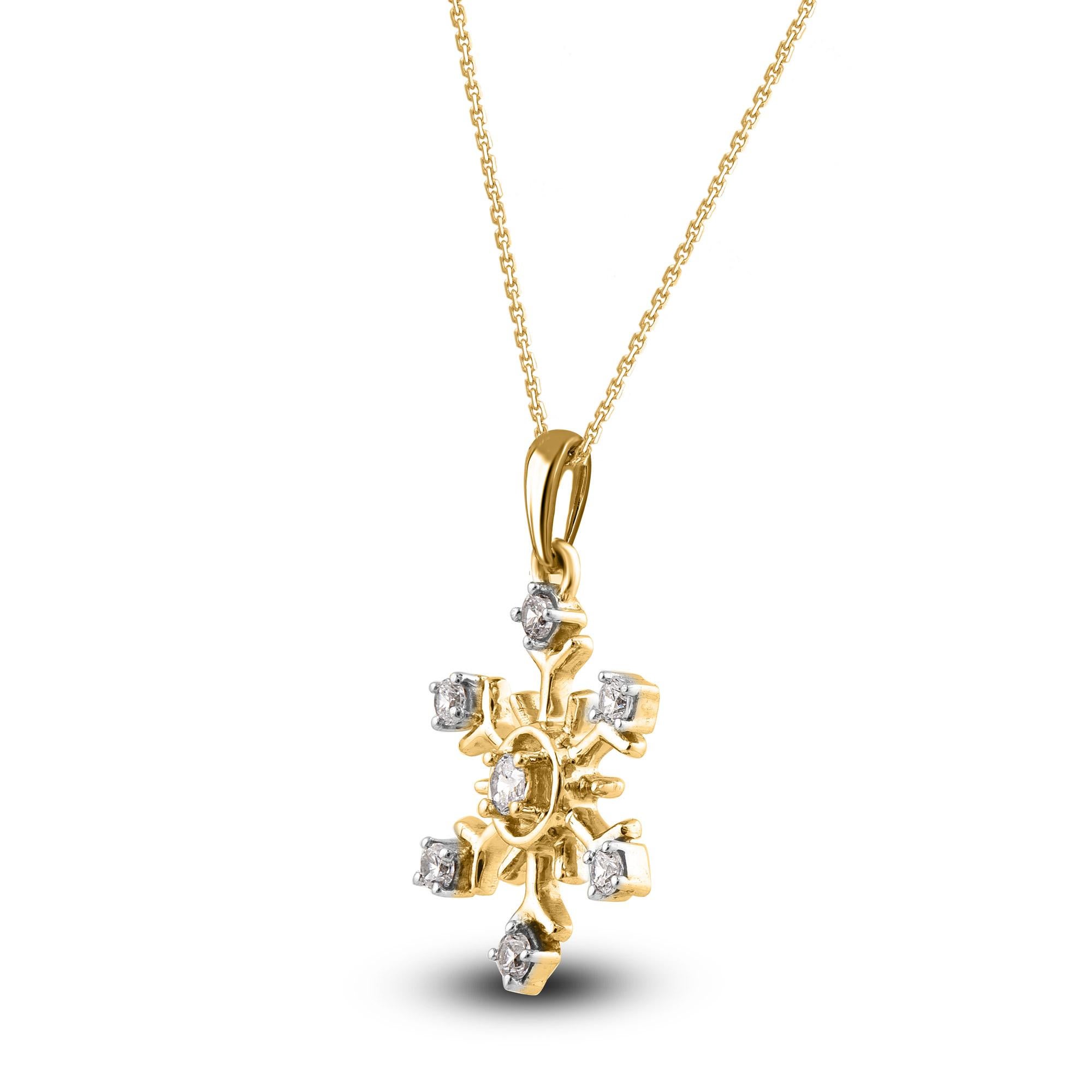 Moderne TJD Pendentif flocon de neige en or jaune 14 carats avec diamant taille brillant de 0,10 carat en vente