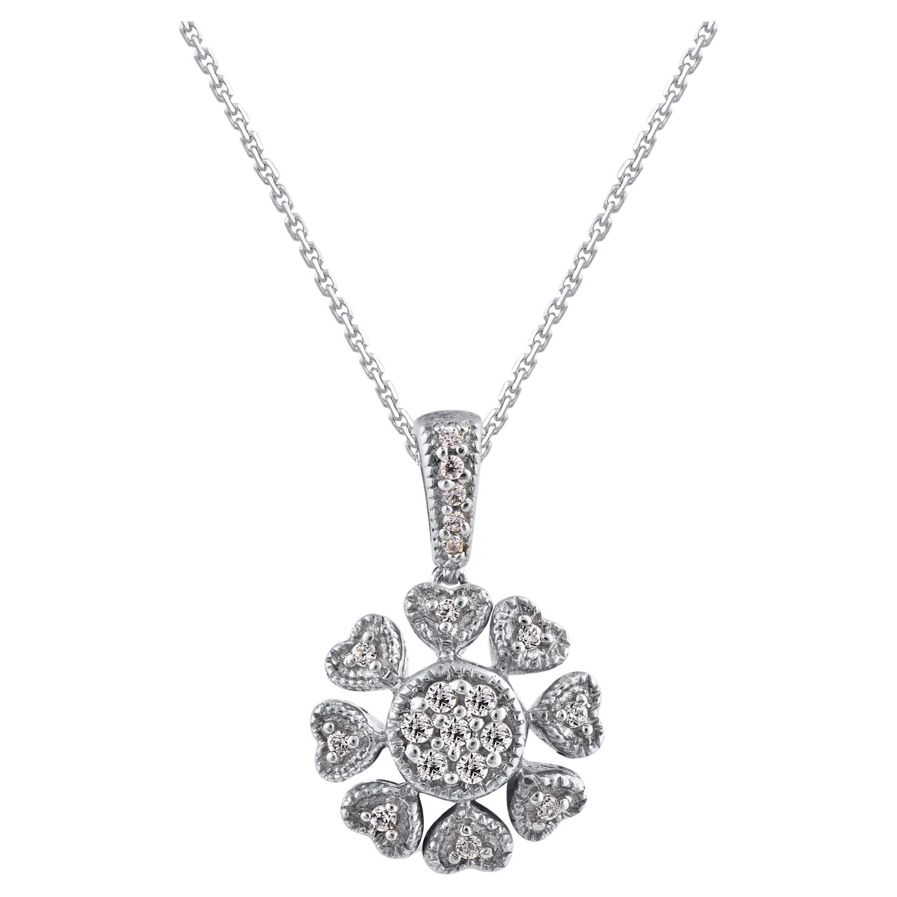 TJD 0.10 Carat Brilliant Cut Diamond 14KT Gold Heart Cluster Flower Pendant For Sale