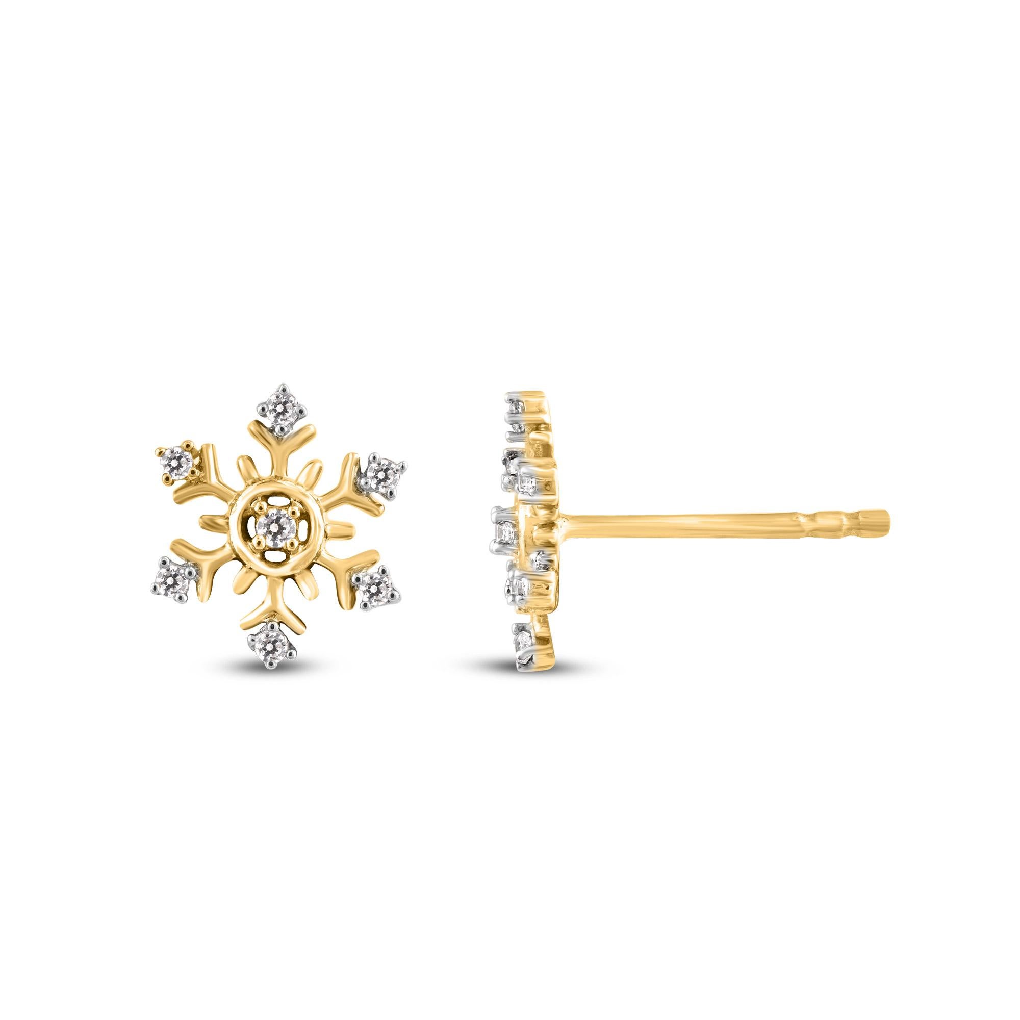 Top off your favorite looks with these scintillating snowflake stud earrings. These stud earrings crafted in 14 karat yellow gold and captivates with 0.10 carat natural round diamonds, studded with 14 round brilliant cut diamonds in prong setting,