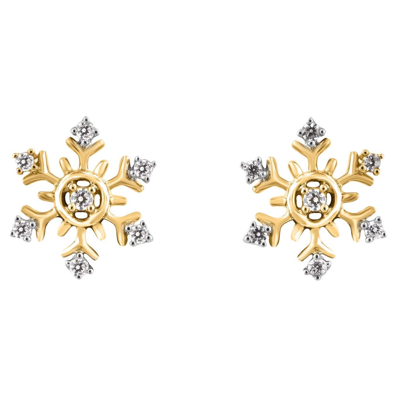 TJD 0.10 Carat Brilliant Cut Diamond 14KT Yellow Gold Snowflake Stud Earrings For Sale