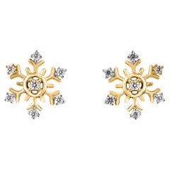 TJD Boucles d'oreilles flocon de neige en or jaune 14KT avec diamant taille brillant de 0,10 carat