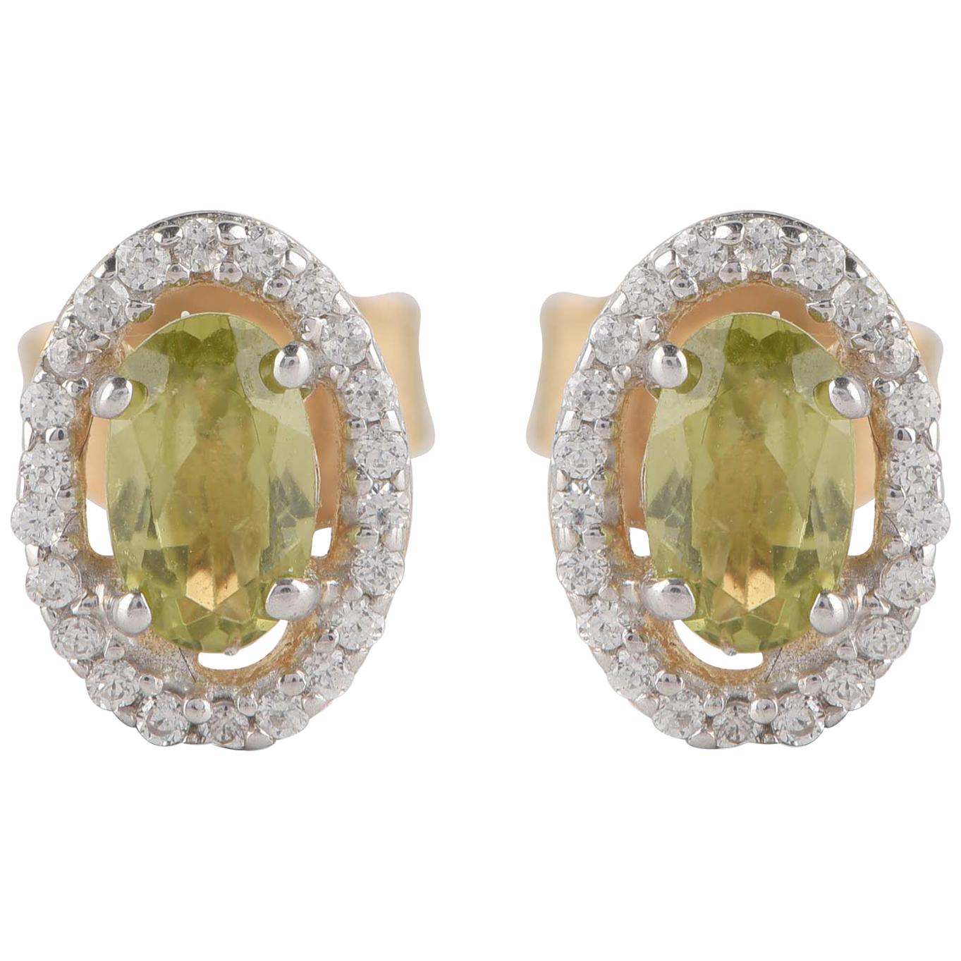 TJD 0.10 CT Diamond and 5X3MM Oval Peridot 18 Karat Yellow Gold Halo Earrings