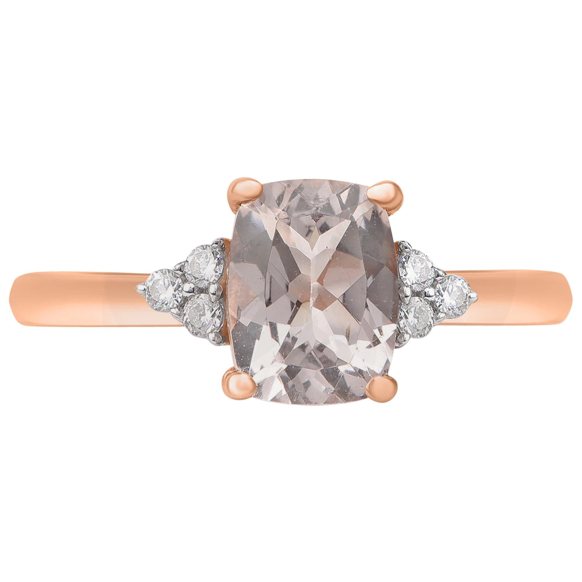 TJD 0.10 Carat Diamond and 8 X 6 MM Cushion Cut Morganite 14Karat Rose Gold Ring For Sale
