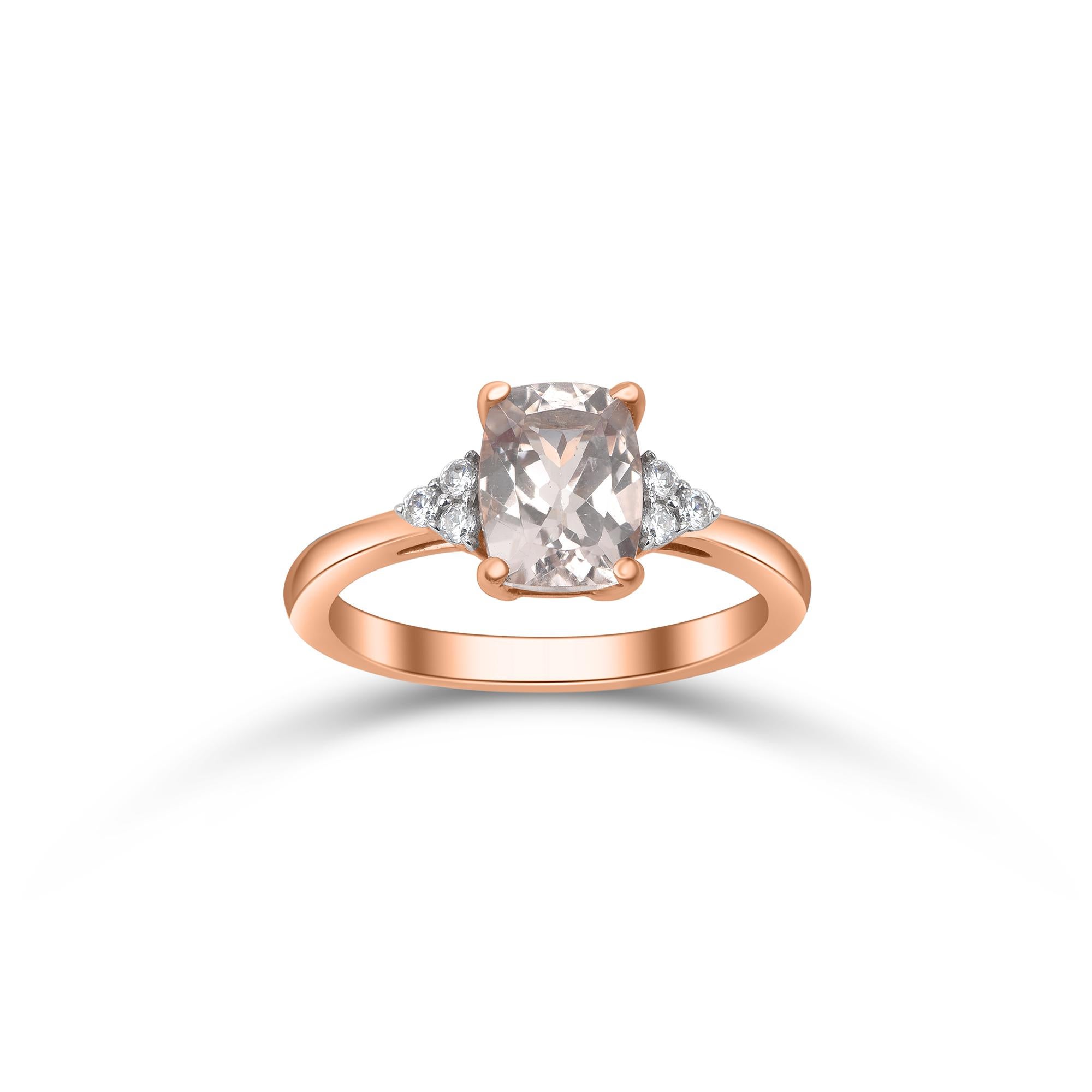 Made by our in-house artisans in 14 kt rose gold and studded with six brilliant and one morganite in prong setting. Truly, an exquisite gemstone diamond studded ring.  Diamonds are graded HI color and I2 clarity.

This style is Made to Order -
