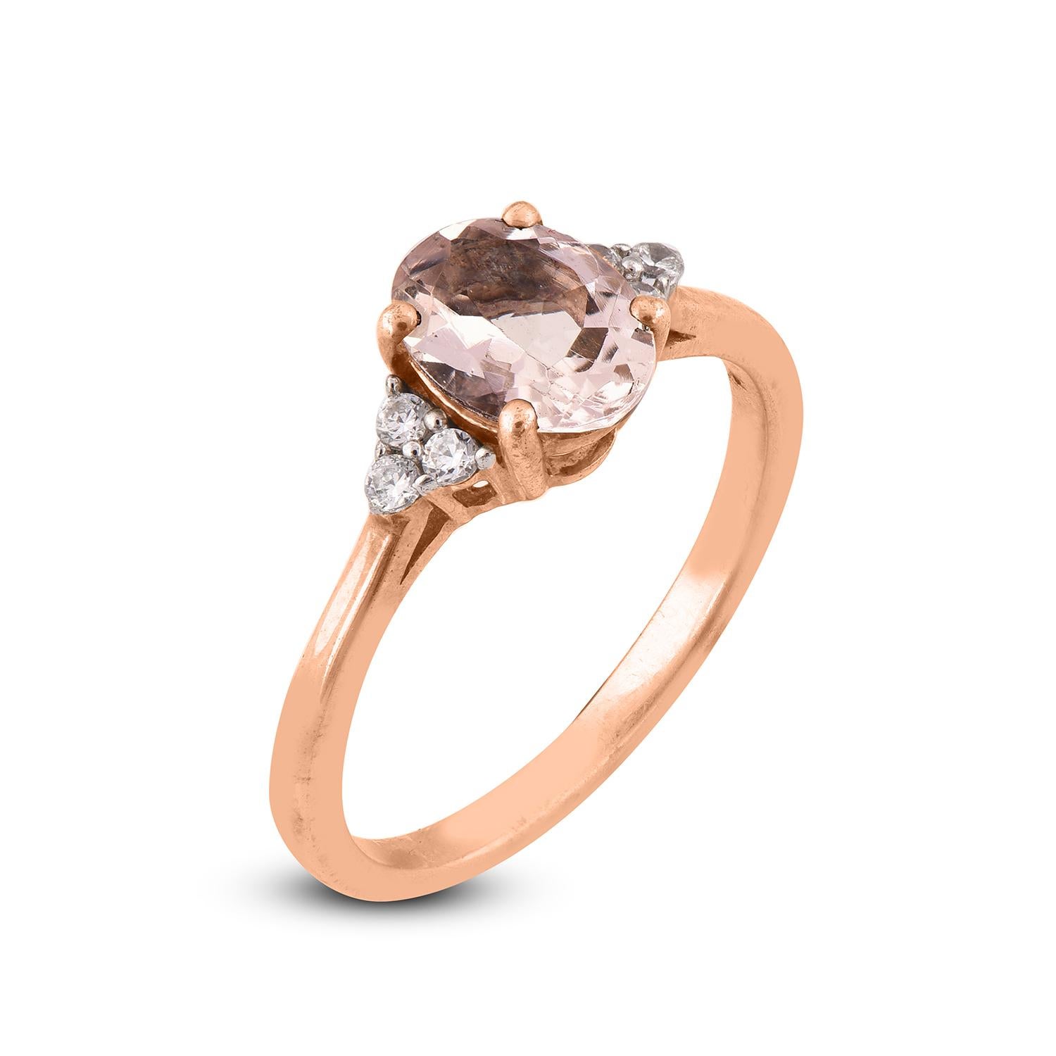 This stunning ring is made by our experts in 14 karat rose gold and accentuated with 6 round cut and 1 Oval shape Morganite set in prong setting. The diamonds are graded H-I Color, I2 Clarity.

