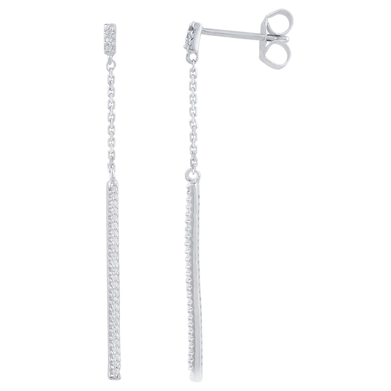 TJD 0.10 Carat Round Diamond 14 Karat White Gold Dangling Bar Drop Earrings For Sale