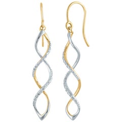 TJD 0.10 Carat Round Diamond 14 Karat Yellow Gold Spiral Dangling Drop Earrings