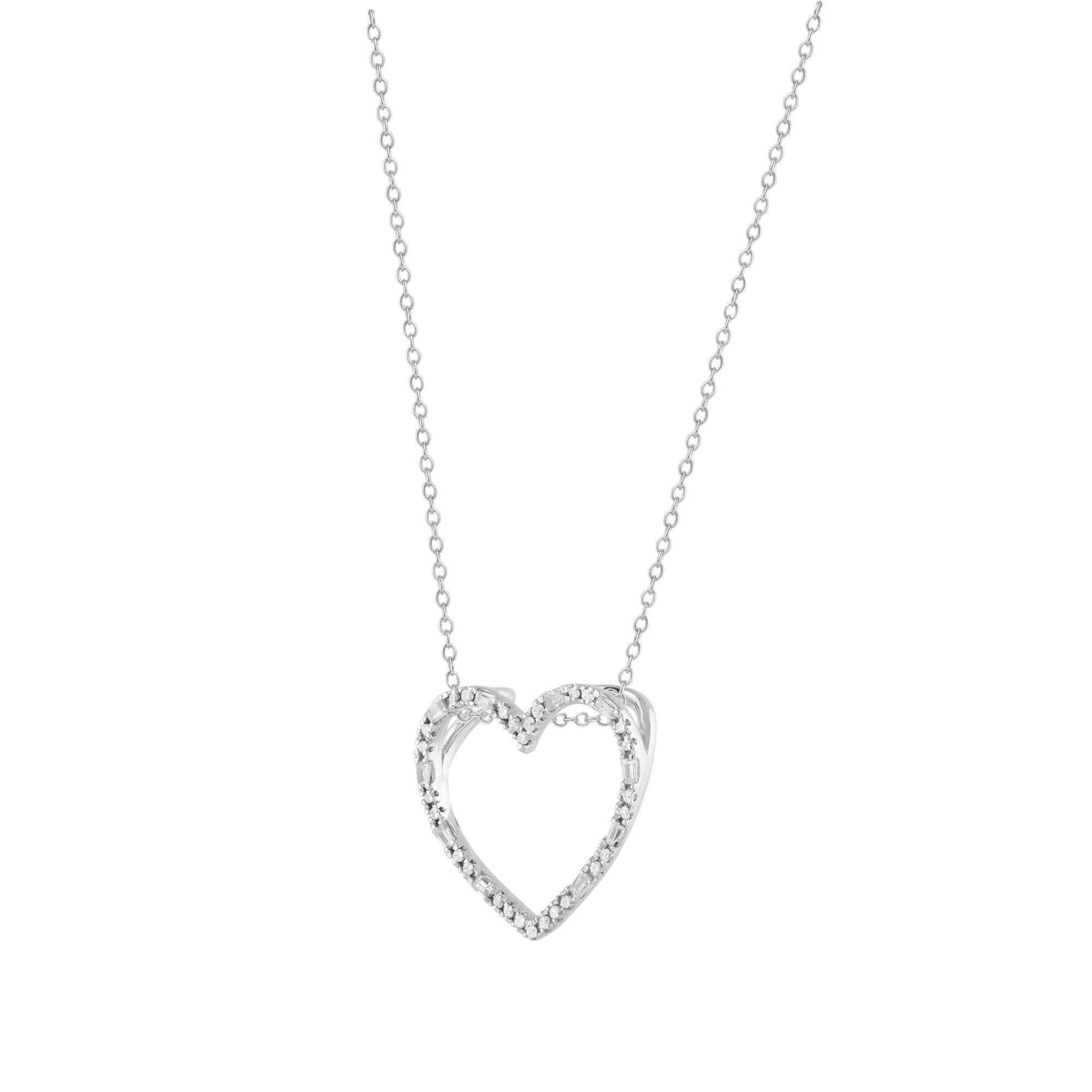 Modern and elegant, this diamond heart pendant expresses all you hold in your. This pendant is crafted from 14-karat white gold and features 38 single cut diamonds and baguette diamonds set in prong setting. H-I color I2 clarity and a high polish