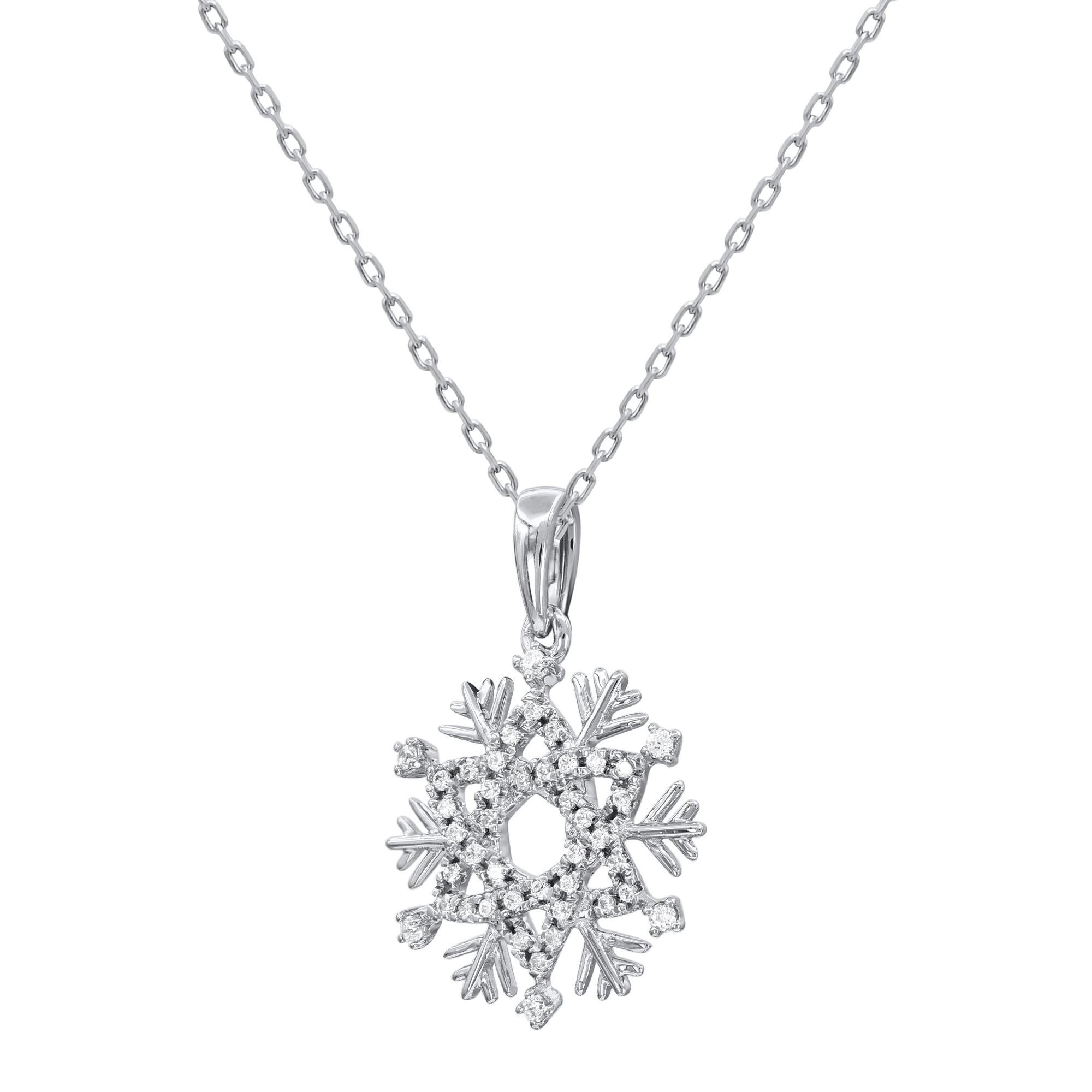 This snowflake diamond pendant fits any occasion with ease. These pendants are studded with 42 Single cut natural diamonds in prongs setting in 14 karat white gold. Diamonds are graded as H-I color and I-2 clarity. Pendant suspends along a cable