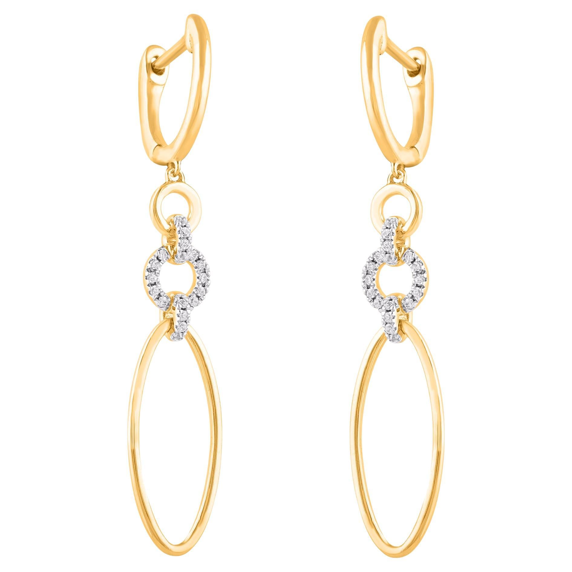 Graceful and modern, this diamond dangle earrings display your glamorous style. Crafted in 14 karat yellow gold with 36 round diamond in prong setting. These earring secure with post back. The white diamonds are graded as H-I color and I2 clarity.