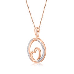 TJD 0.10 Carat Natural Diamond 14KT Rose Gold Heart in Circle Pendant Necklace
