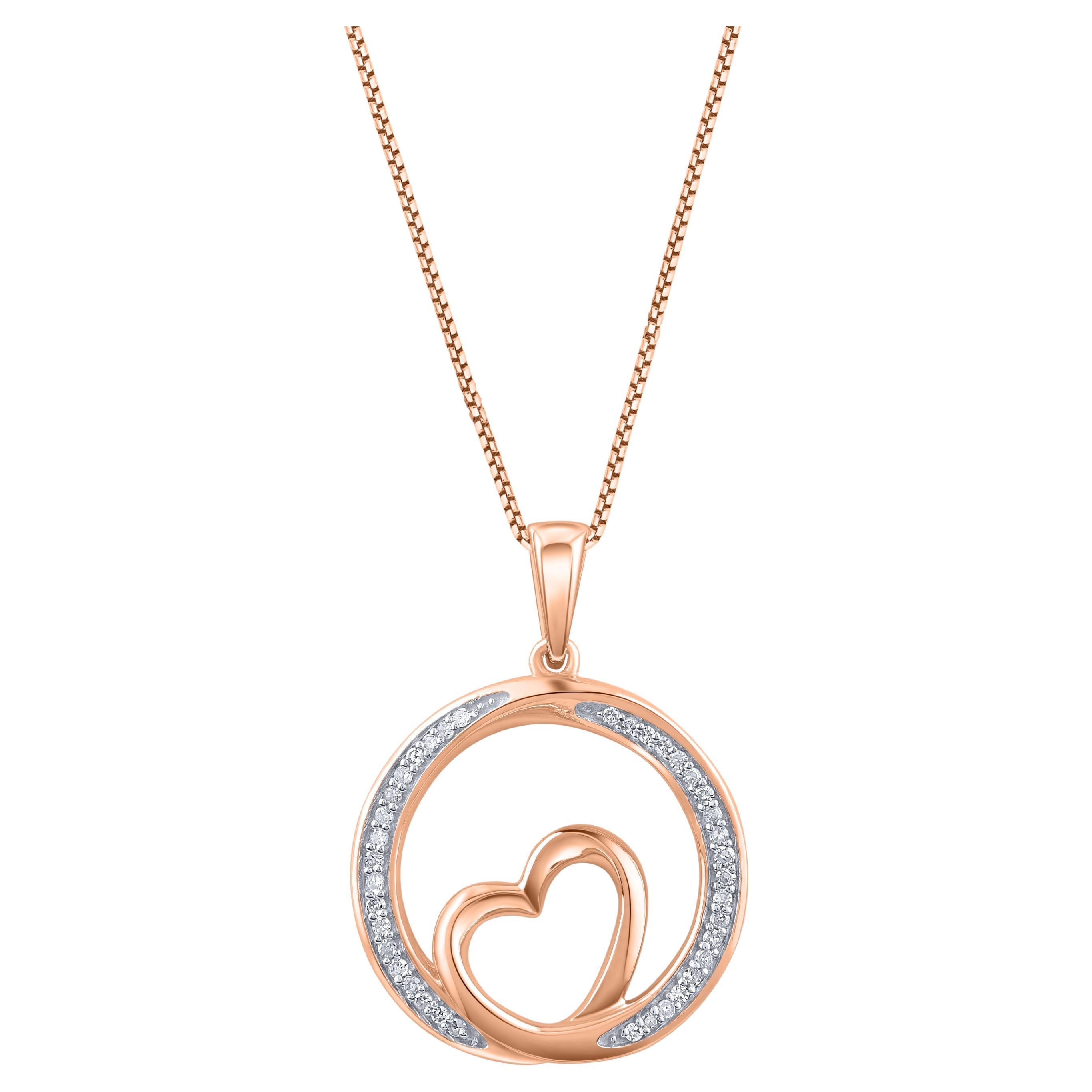 TJD 0.10 Carat Natural Diamond 14KT Rose Gold Heart in Circle Pendant Necklace For Sale