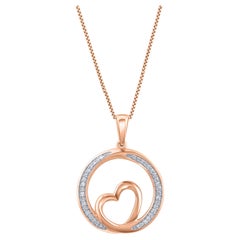 TJD 0.10 Carat Natural Diamond 14KT Rose Gold Heart in Circle Pendant Necklace
