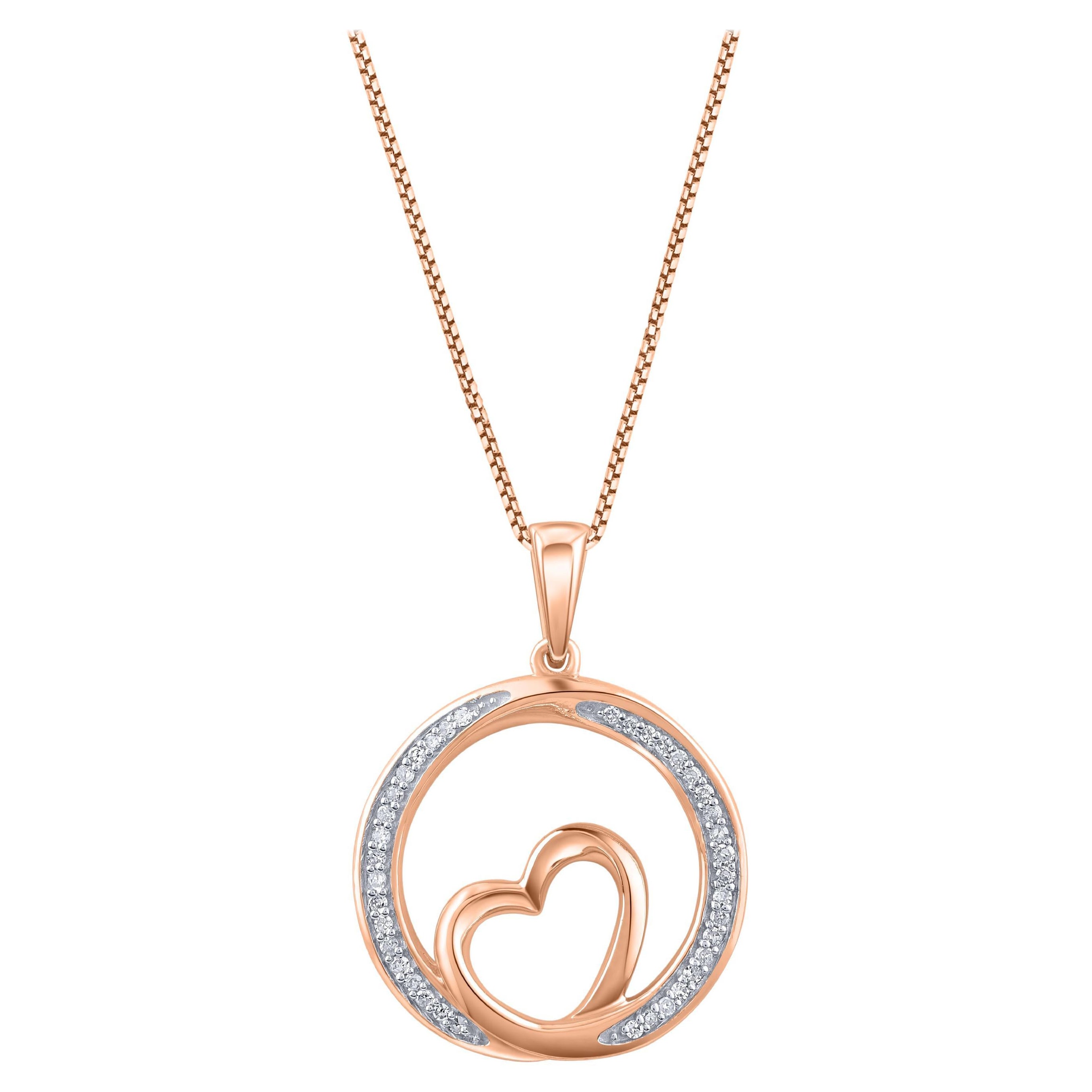 TJD 0.10 Carat Natural Diamond 14KT Rose Gold Heart in Circle Pendant Necklace