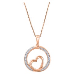 TJD 0.10 Carat Natural Diamond 14KT Rose Gold Heart in Circle Pendant Necklace
