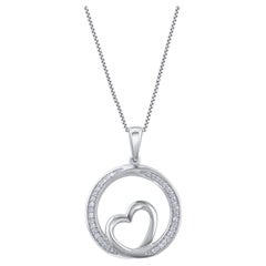 TJD 0.10 Carat Natural Diamond 14KT White Gold Heart in Circle Pendant Necklace