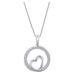 TJD 0.10 Carat Natural Diamond 14KT White Gold Heart in Circle Pendant Necklace
