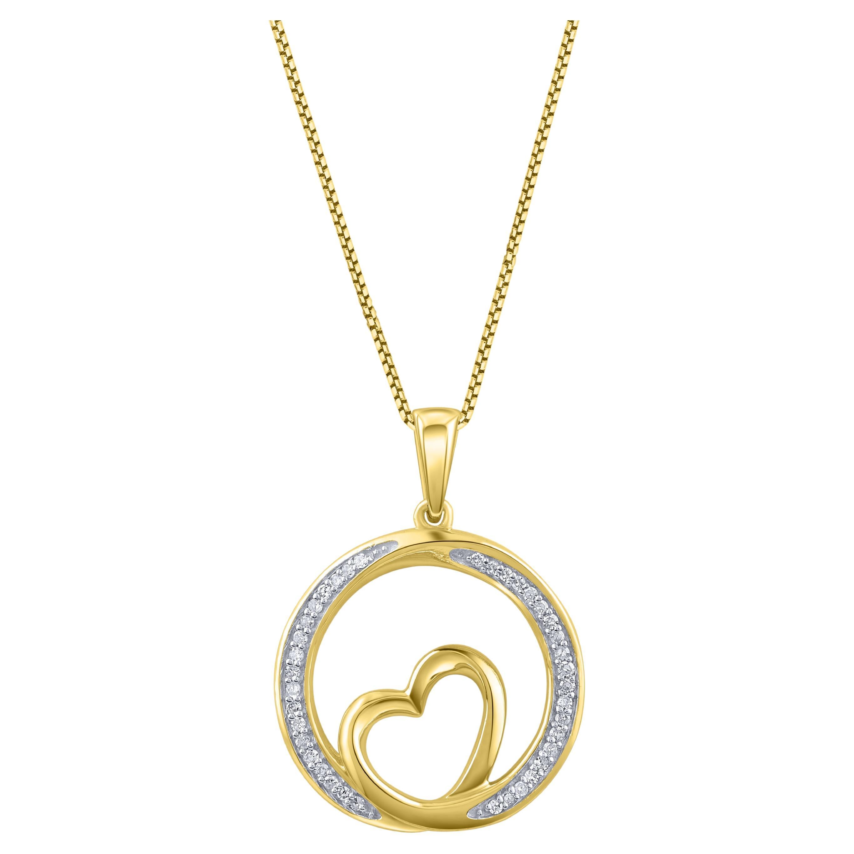 TJD 0.10 Carat Natural Diamond 14KT Yellow Gold Heart in Circle Pendant Necklace For Sale