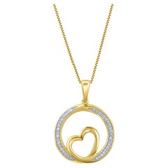 TJD 0.10 Carat Natural Diamond 14KT Yellow Gold Heart in Circle Pendant Necklace