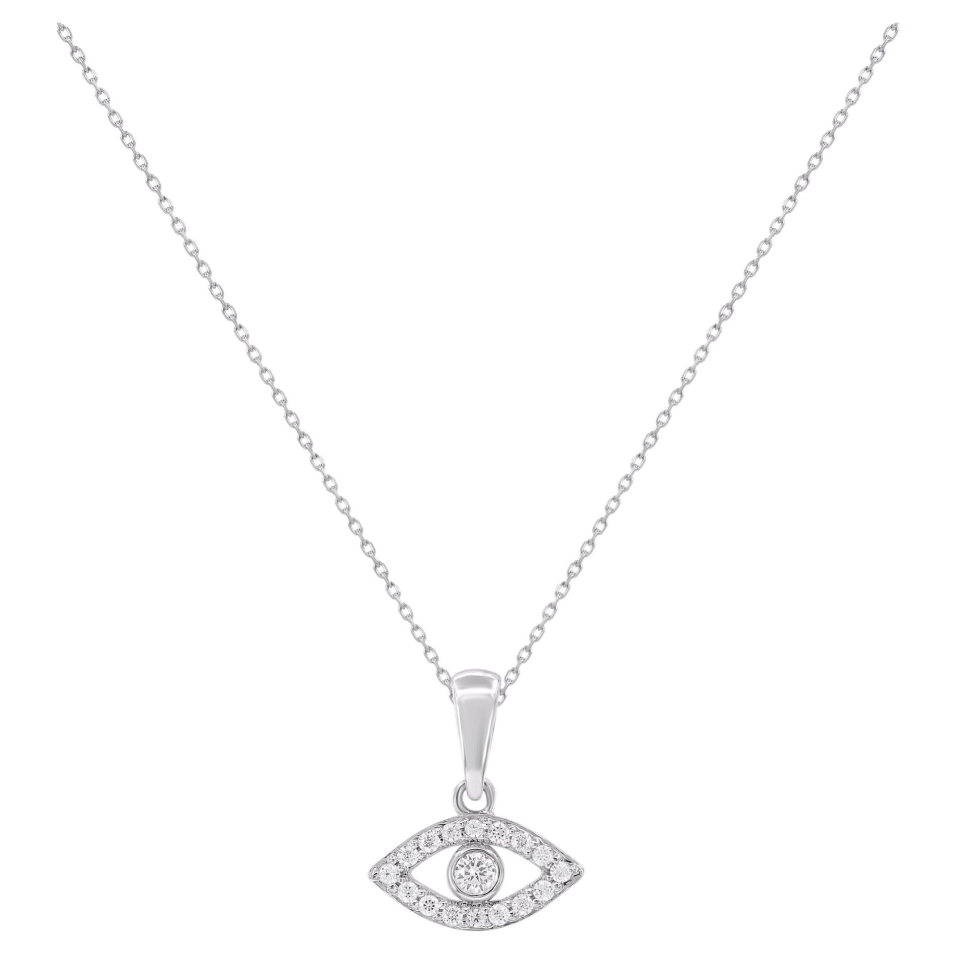TJD 0.10 Carat Natural Diamond Evil Eye Pendant Necklace 14K White Gold