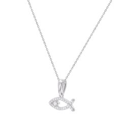 TJD 0.10 Carat Natural Diamond Ichthys Fish Pendant Necklace in 14K White Gold