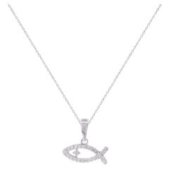 TJD 0.10 Carat Natural Diamond Ichthys Fish Pendant Necklace in 14K White Gold