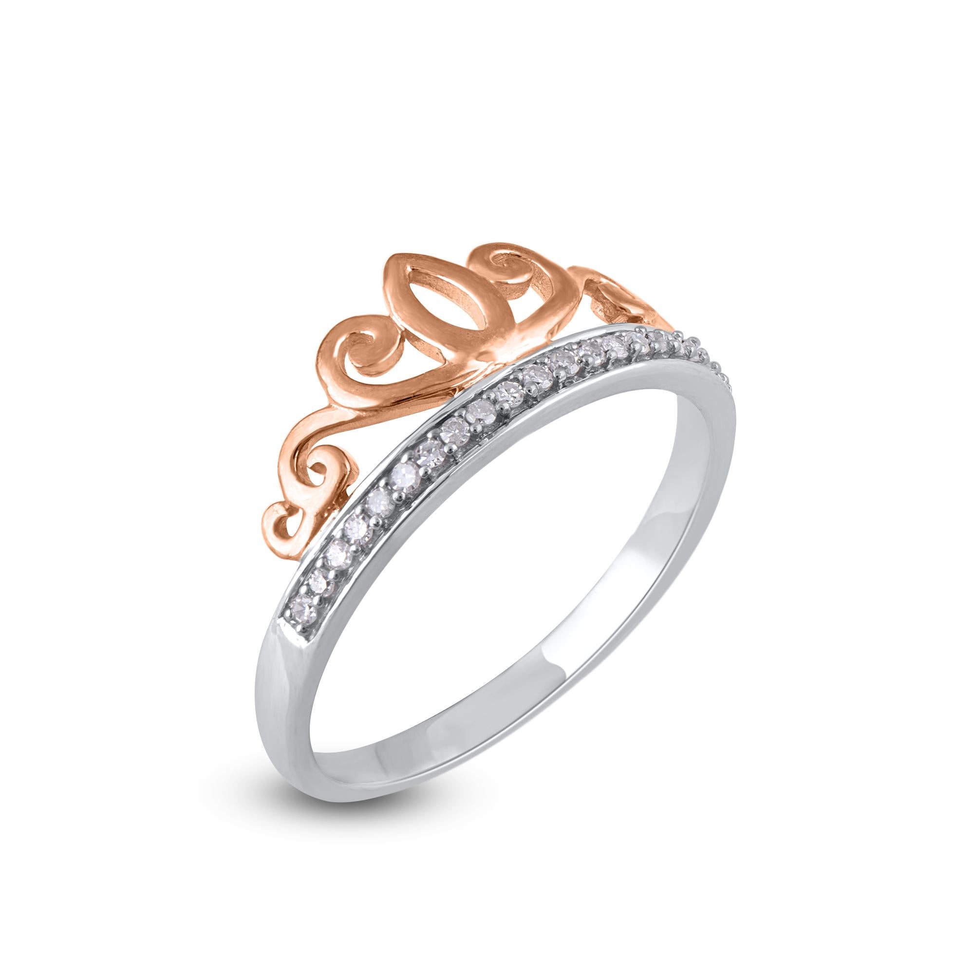 Contemporary TJD 0.10 Carat Natural Round Diamond 14 Karat Two Tone Gold Crown Ring For Sale